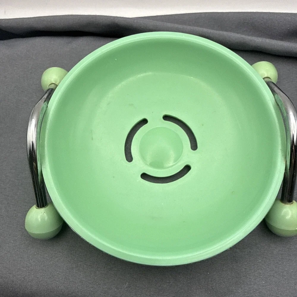 vintage green melamine Soap Dish Round With Metal Arms With Green Ball Feet